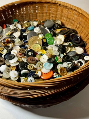 Vintage Button Lot In Sewing Basket