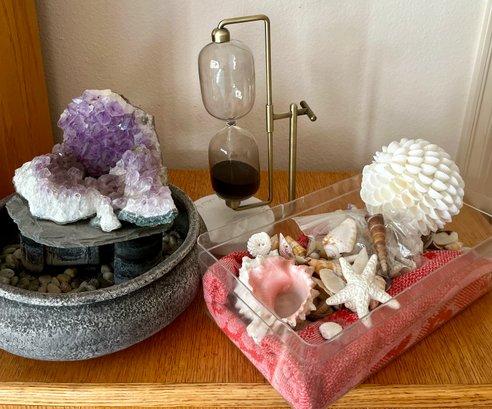 Amethyst Water Feature, Shells And Sand Timer