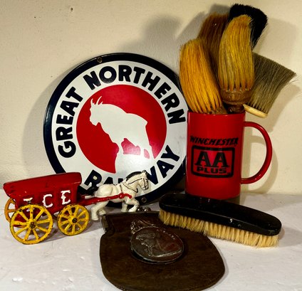 Mixed Lot - Great Northern Railway Sign , Vintage Horsehair Brushes, Winchester Mug And More