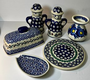 Polish Pottery- Spoon Rest, Salt And Pepper, Vase, Butter