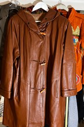 Leather Hooded Mid Length Coat And Jacket
