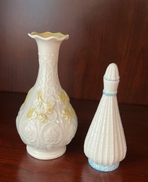 Belleek Vase And Small Decanter