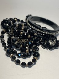 Vintage Necklaces Black Glass & Black Bangle With Rhinestones