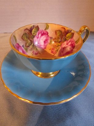 Aynsley England Tea Cup And Saucer Four Cabbage Roses  Turquoise Blue.
