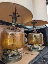 Vintage MCM Amber Crackled Glass Lamp Set
