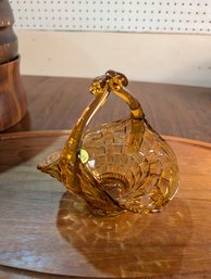 Amber Pressed Glass Basket Bowl