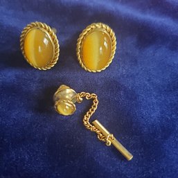 Vintage Simmons Tigers Eye 1/20 12kt GF Men's Cufflinks And Tie Tack