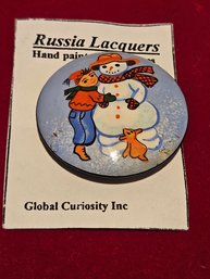 Russian Lacquer Snowman Holiday Pin - Signed