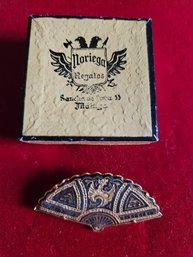 Vintage Damascene Fan Pin With Bird - Original Box Malaga Spain