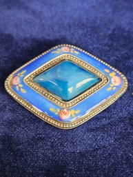 Beautiful Czechosolovakia Blue Enamel W/ Roses Brooch Pin