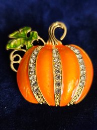 Costume Jewelry Pin - Gold Tone & Rhinestone Enamel Pumpkin Pin