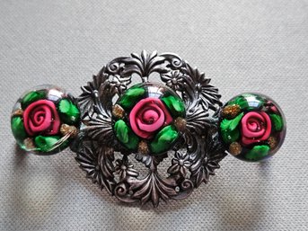 Gorgeous Repousse Sterling Silver Pin Brooch With 3 Glass Paperweight Accents