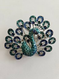 Large Vintage 2 1/4' Enamel Silver Tone Peacock Pin Brooch