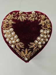 Vintage Deep Burgundy Velvet & Satin Heart Trinket Jewelry Presentation Box