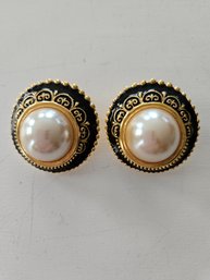 Joan Rivers Faux Pearl & Black Enamel Clip On Earrings