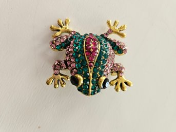 Rhinestone Gold Tone Frog Toad Pin Brooch - Green & Pink