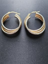 1' Sterling Silver & 10k Yellow Gold Tri Hoop Earrings