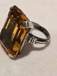 Sterling Silver & Faceted Golden Glass Ring - Size 4 1/2