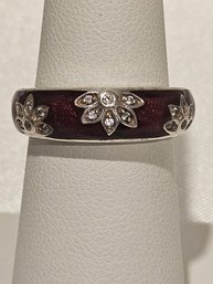 Sz 6 Sterling And Deep Red Enamel & CZ Ring