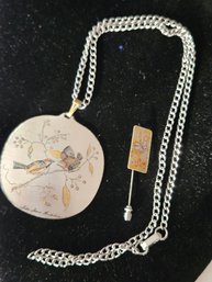 Reed & Barton Damascene Necklace And Pin - Butterfly And Birds - Audubon