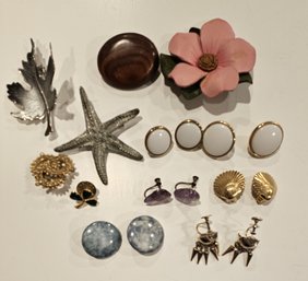 Vintage Lot Of Pins & Earrings - Leather, Wood, Pewter