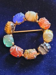 Bal-Ron 1/20 12kt Gold Filled Multi Gemstone Carved 9 Scarab Circle Pin Brooch