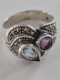 Sterling Silver Ring - Light Blue Topaz & Amethyst Stones And Marcasites