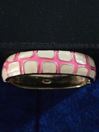 FORNASH Signed Pink & White Enamel Gold Tone Hinged Clamp Bracelet