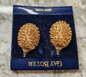 Vintage GAY BOYER Gold Tone Porcupine Hedgehog Clip Earrings Green Eyes