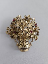 Hobe Designer Pin Brooch - Flowers In Vase With Rhinestones