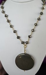 Pyrite Stone Pendant & Velvet Bead 32' Necklace