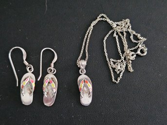 Sterling Silver & Enamel Flip Flop Sandal Pendant Necklace & Pierced Earrings