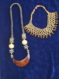 Two Boho Tribal Style Necklaces - Wood Coconut Shell Cork