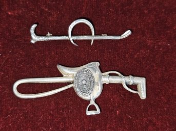 Two Sterling Silver Equestrian Horse Back Riding Pin Brooches