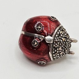 Sterling Silver & Red Enamel Marcasite Lady Bug Lady Bird Pin Brooch