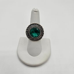 Sterilng Silver Ring - Large Green Rhinestone - Size 7