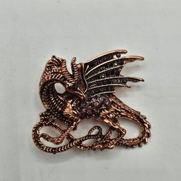 Costume Dragon Pin - Copper Tone Metal & Rhinestones