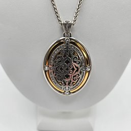 Brighton Double Sided Oval Pendant - Silver & Gold Tone With Black Enamel