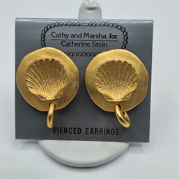 Cathy And Marsha, For Chatherine Stein Gold Tone Shell Pierced Earrings