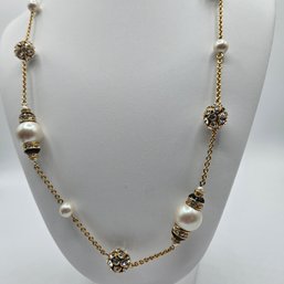 Kate Spade 32' Faux Pearl, Black Enamel, And Crystal Necklace