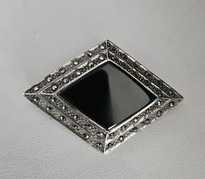 Sterling Silver Onyx & Marcasite Brooch Pin