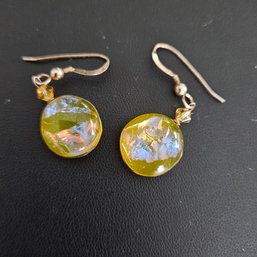 Golden Yellow Dichroic Glass  Dangle Pierced Earrings