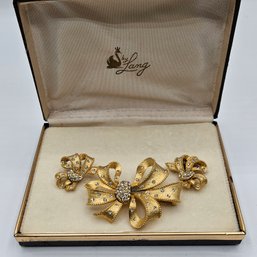 Lang Gold Tone & Crystal Rhinestone Bow Pin Brooch & Clip Earrings - Original Box