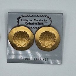 Cathy And Marsha, For Catherine Stein Gold Tone Seashell Pierced Earrings