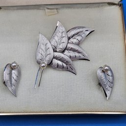 INC Sterling Silver Leaf Pin & Screw Back Earrings - Original Box