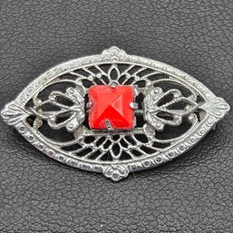 Small Filigree Art Deco Style Pin Brooch W Faceted Red Glass Center