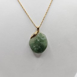 Trifari - Vintage Faux Green Jade Flower Pendant & Twisted Gold Tone Chain