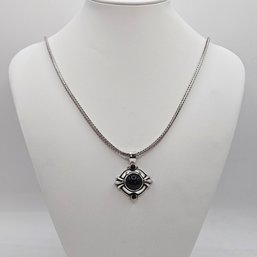 Long 30' Silver Wheat Chain & Black Stone Pendant