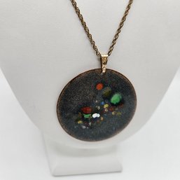 Mid Century Double Sided Enamel Copper Pendant & Gold Tone Chain