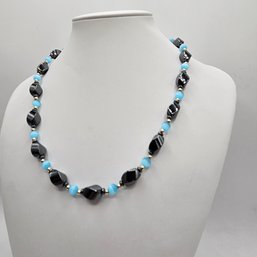 Hematite Or Magnetite & Blue Cat's Eye Beaded Necklace